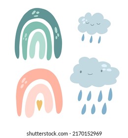 Nursery boho rainbow cloud. Cute baby card. Sleeping abstract arch with clouds and rain. Vector cartoon illustration on white background.