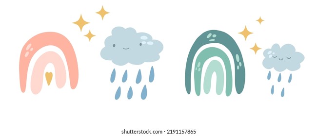 Nursery Boho Regenbogenwolke. Klare Babykarte. Schlafende abstrakte Bogen mit Wolken, Sternen und Regen. Vektorgrafik auf weißem Hintergrund.