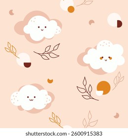 Nursery boho seamless pattern with kawaii cloud leaves moon heart.