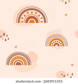 Nursery boho seamless pattern with rainbows drops simple forms.
