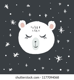 Nursery card with cute polar bear face. Vector hand drawn illustration