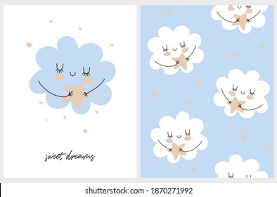 Nursery Card and Seamless Vector Pattern with Cute Hand Drawn Fluffy Cloud and Stars. Funny Repatable Print with White Clouds Isolated on a Light Blue Background ideal for Fabric, Textile. 