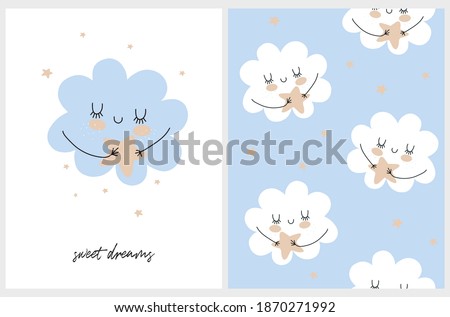 Nursery Card and Seamless Vector Pattern with Cute Hand Drawn Fluffy Cloud and Stars. Funny Repatable Print with White Clouds Isolated on a Light Blue Background ideal for Fabric, Textile. 