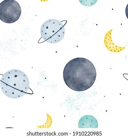 Nursery Celestial Seamless Pattern With Planets, Moon And Constellations  With Watercolor Texture On Background. Hand Drawn Scandinavian Style Vector Illustration.