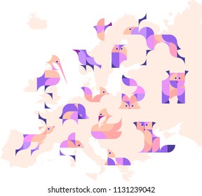 Nursery Childish Background with european animals. Decorativ Style Trendy Textile, Wallpaper, Wrapping Paper, Kids Apparel Design. Vector illustration.