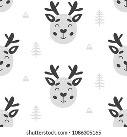 Nursery Childish Seamless Pattern Background With Deers. Hand Drawn Scandinavian Style Trendy Textile, Wallpaper, Wrapping Paper, Kids Apparel Design. Vector illustration