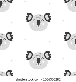Nursery Childish Seamless Pattern Background With Koala Faces. Hand Drawn Scandinavian Style Trendy Textile, Wallpaper, Wrapping Paper, Kids Apparel Design. Vector illustration