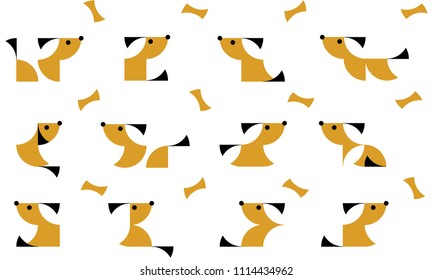 Nursery Childish Seamless Pattern Background with playing puppies. Decorativ Style Trendy Textile, Wallpaper, Wrapping Paper, Kids Apparel Design. Vector illustration.