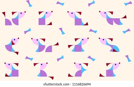 Nursery Childish Seamless Pattern Background with playing puppies. Decorativ Style Trendy Textile, Wallpaper, Wrapping Paper, Kids Apparel Design. Vector illustration.