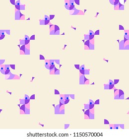 Nursery Childish Seamless Pattern Background with playing puppies. Decorativ Style Trendy Textile, Wallpaper, Wrapping Paper, Kids Apparel Design. Vector illustration.