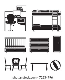 nursery and children room objects, furniture and equipment - vector illustration