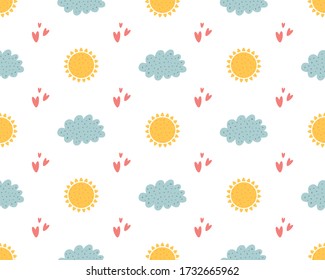 Nursery Clouds Seamless Pattern. Cute Kids Clouds, Sun And Heart. Hand Drawn Repeat Background, Baby Wallpaper, Vector