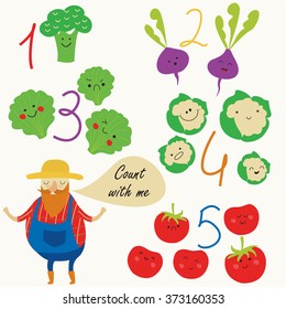Nursery counting poster with cute vegetables and funny farmer in cartoon style. One, two, three, four, five. 'Count with me' poster.
