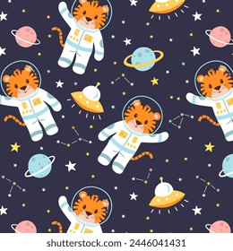 Nursery cute astronaut tiger in the universe. Repeated cartoon tiger flying in space for fashion fabric wrapping paper textile poster. Vector illustration.