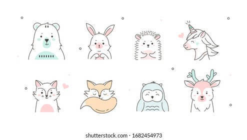 Nursery Cute Forest Animals Collection in Scandinavian Style. Baby Fox, Deer, Bear, Unicorn and other Woodland Animals. Simple Childish Design. Flat Cartoon Vector Illustration.