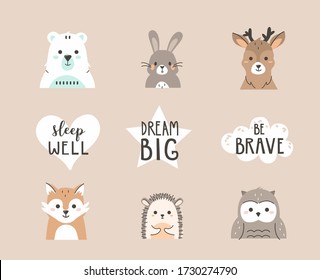 Nursery Cute Forest Animals Collection in Scandinavian Style. Baby Fox, Deer, Bear, and other Woodland Animals. Simple Childish Design and Lettering Elements. Flat Cartoon Vector Illustration.