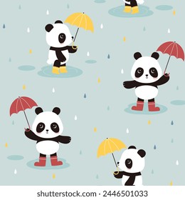 Nursery cute panda bear holding an umbrella cartoon character. Funny panda vector illustration for fabric textile print wrapping paper design.