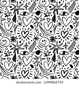 Nursery cute seamless pattern with black charcoal crescent moon, stars, planets and hearts. Hand drawn childish style doodle elements. Simple playful kid's motif. Vector pencil drawing.