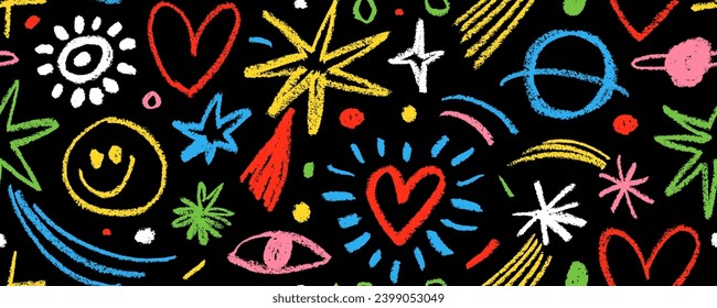 Nursery cute seamless pattern with colorful charcoal crescent moon, stars, planets and hearts. Hand drawn childish style doodle elements. Simple playful kid's motif. Vector pencil drawing.