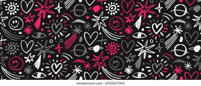 Nursery cute seamless pattern with colorful charcoal crescent moon, stars, planets and hearts. Hand drawn childish style doodle elements. Simple playful kid's motif. Vector pencil drawing.