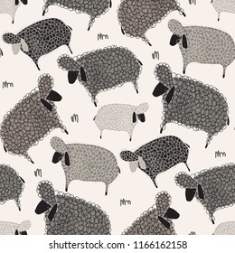 Nursery cute vector illustration, seamless pattern of graphic drawing monochrome sheep. Fluffy wool lamb background for fabric, textile, paper, wallpaper, wrapping, greeting card. Kids simple element