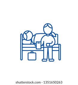 Nursery doctor with patient in hospital line icon concept. Nursery doctor with patient in hospital flat  vector symbol, sign, outline illustration.