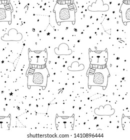 Nursery doodle cat. Simple seamless vector pattern with cute animals in hand-drawn scandinavian style. Ideal for children's textiles, fabrics, wrapping paper, bed linen, colorings