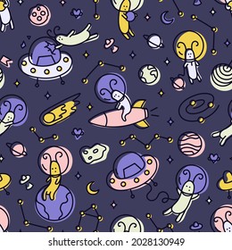 Nursery doodle cute pattern. Alien spacemans in outer space on dark background.