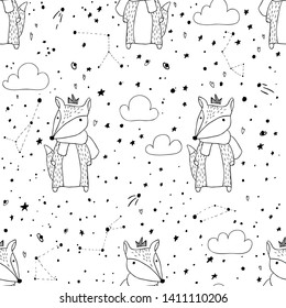 Nursery doodle Fox. Simple seamless vector pattern with cute animals in hand-drawn scandinavian style. Ideal for children's textiles, fabrics, wrapping paper, bed linen, colorings