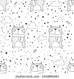 Nursery doodle raccoon. Simple seamless vector pattern with cute animals in hand-drawn scandinavian style. Ideal for children's textiles, fabrics, wrapping paper, bed linen, colorings