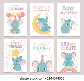 Nursery elephant posters. Cute animals celebrating birthday with gift box and balloons, sitting on moon, catching stars and hovering cloud and rainbow. Baby shower cards vector set