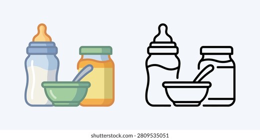 A nursery feeding toolkit featuring a graduated plastic milk bottle with a rubber nipple, a ceramic baby food bowl with a spoon, and a jar, in color and line art.