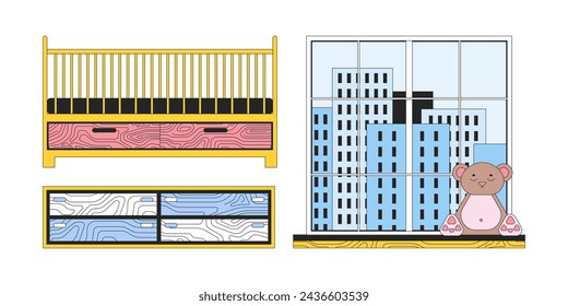 Nursery furniture 2D linear cartoon objects set. Dresser, bear plush windowsill, crib bed isolated line vector elements white background. Children bedroom color flat spot illustration collection