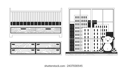 Nursery furniture black and white 2D line cartoon objects set. Dresser, bear plush windowsill, crib bed isolated vector outline items collection. Children bedroom monochromatic flat spot illustrations