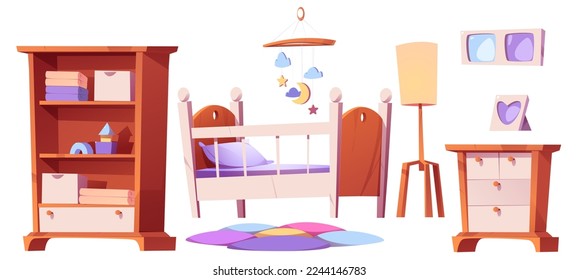 Nursery furniture set isolated on white background. Cartoon vector illustration of crib, floor lamp, dresser, toys on shelves, carpet, photo frames. Baby room interior design elements in pastel colors