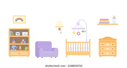 Nursery with furniture and toys on white background. Home interior concept. Cartoon flat style. Vector illustration