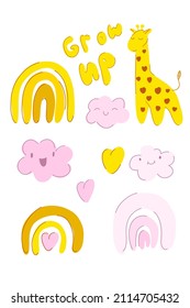 Nursery giraffe. Boho rainbow cloud and cute animal. Abstract rainbow and clouds. Poster illustration and baby room. Stock vector cartoon flat illustration on a white background.