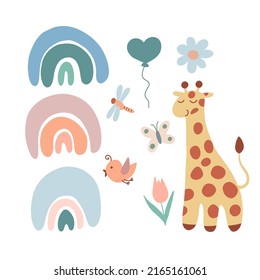 Nursery giraffe rainbow. Boho cute animal. Abstract rainbow clouds. Poster illustration and baby room. Vector cartoon flat illustration on a white background.