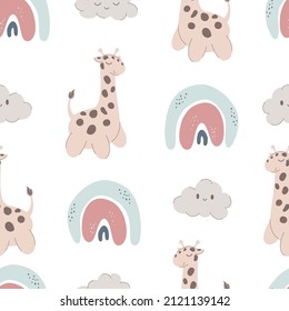 Nursery Giraffe seamless pattern. Abstract boho rainbow, cloud, minimalist arch. Nursery and baby room. Cute animal stock modern trendy hand drawn flat illustration isolated on white background.
