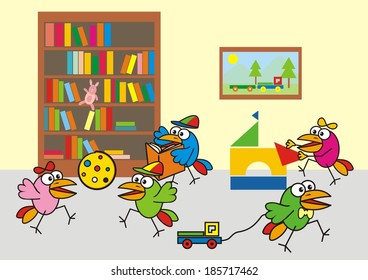 nursery, group of birds at nursery, ector funny icon