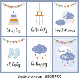 Nursery hand drawn illustration set. Toys, clouds, moon and stars, socks, calligraphy - hello baby, let’s play, sweet dreams. Childish print for baby shower, greeting card, nursery poster, invitation.