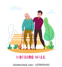 Nursery home daily elderly assistance flat composition with disabled old man morning walk with volunteer vector illustration