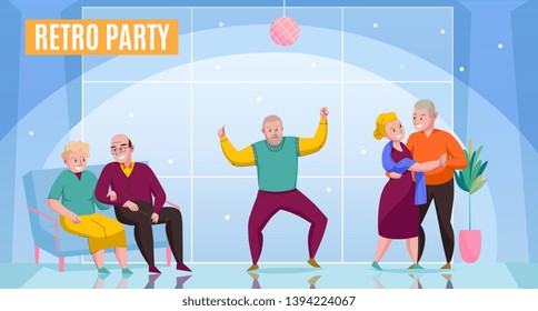 Nursery home elderly couples single residents enjoying retro party dancing dating communication occasion flat poster vector illustration