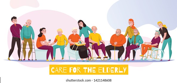 Nursery home senior care facilities for elderly disabled residents daily activities assistance flat horizontal banner vector illustration 