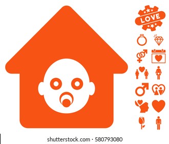 Nursery House icon with bonus love pictures. Vector illustration style is flat iconic orange symbols on white background.