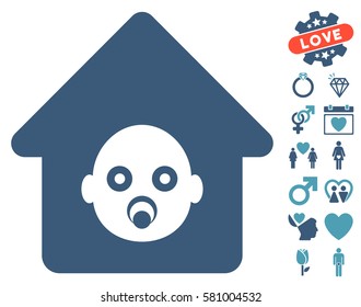 Nursery House pictograph with bonus passion symbols. Vector illustration style is flat iconic cyan and blue symbols on white background.