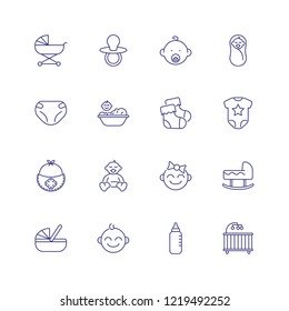 Nursery icons. Set of line icons on white background. Baby bed, pacifier, baby pram. Childcare concept. Vector can be used for topics like childhood, parenthood, care