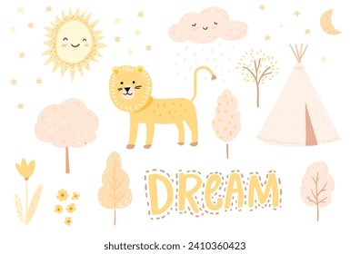 Kurze Illustrationen, süßer Löwe, Bäume und Sonne, Wolke, Mond. Einfache skandinavische geschlechtsneutrale Zeichnungen für Kinderplakate und Schreibwaren. Vektorkunstelemente.