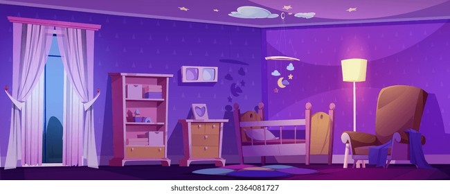 Nursery interior with child cot at night. Cartoon vector illustration of baby room in evening with bed and mother armchair, star and clouds crib, light from lamp. Newborn bedroom with furniture.