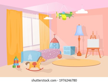 Nursery interior and colorful toys   furniture  Cartoon vector illustration  Cute bedroom and rocket bed  ball  blocks  drawing easel  toy airplane  Childhood  interior design  nursery  toys